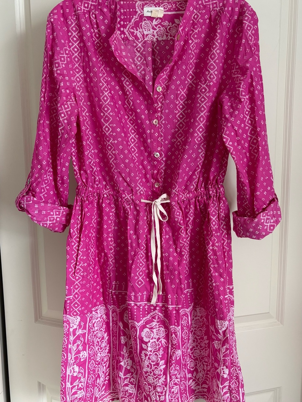 Meadow Rue, Anthropologie Fuchsia and White Printed Drawstring Shirt Dress